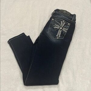 Miss Me Blue Skinny Jeans with Ornate Cross Design